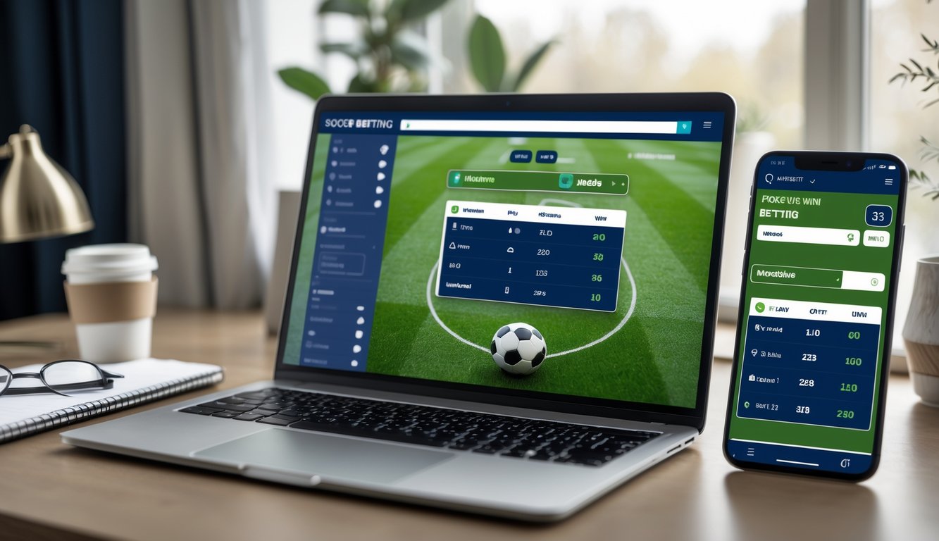 Orang menggunakan laptop dan ponsel untuk memasang taruhan sepak bola online dengan antarmuka taruhan 1X2 yang terlihat di layar.