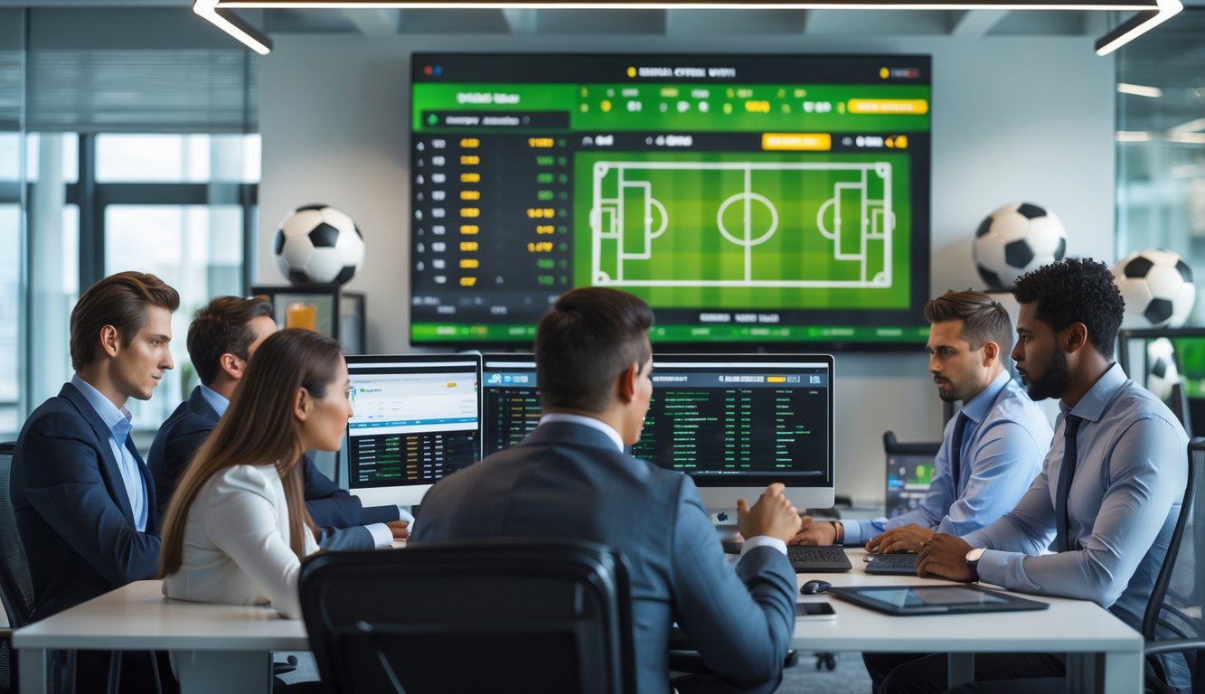 Suasana kantor profesional dengan beberapa orang sedang bekerja dan melihat data pertandingan sepak bola di layar komputer.