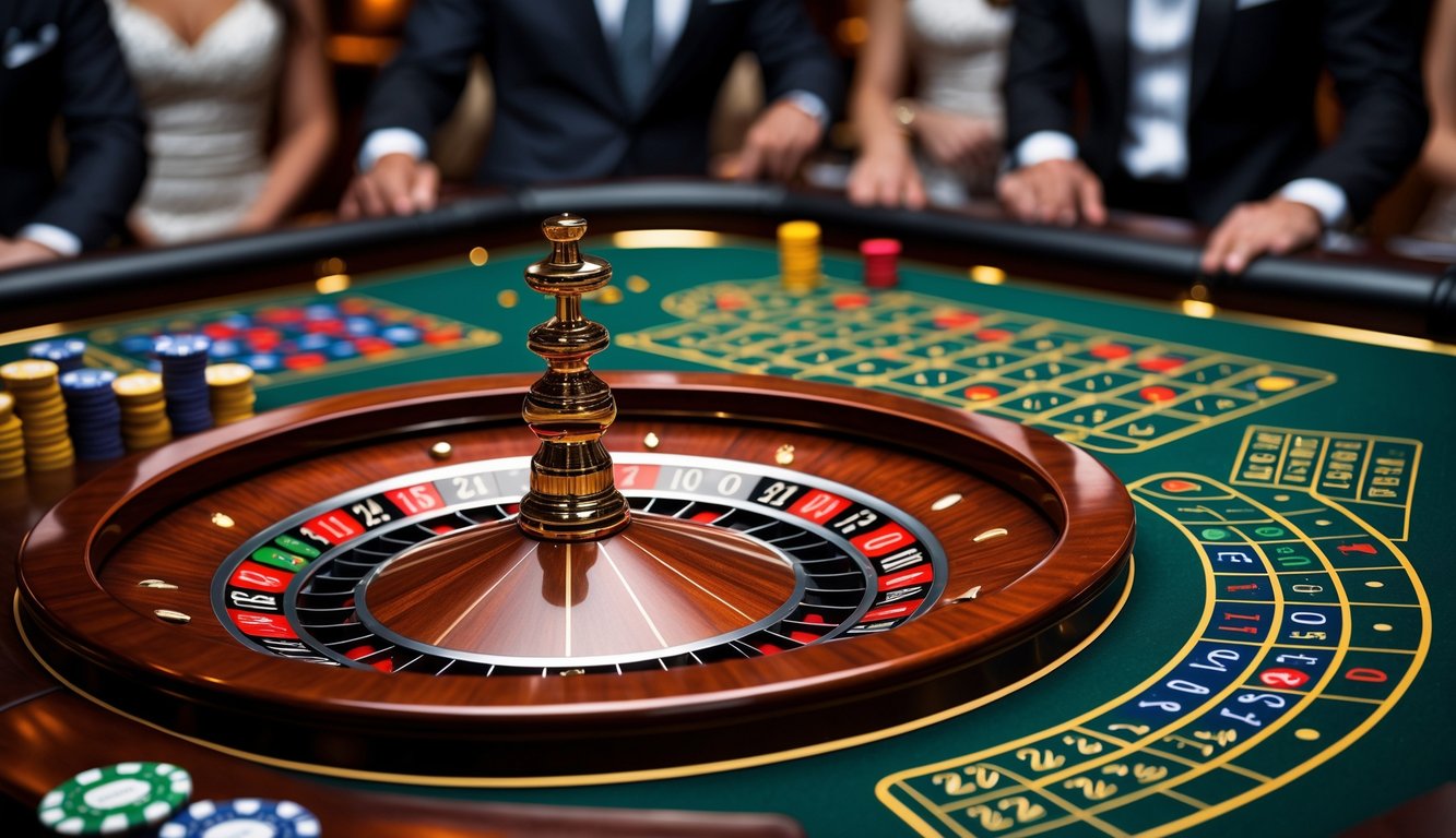 Meja roulette Amerika dengan roda roulette yang menampilkan slot nol ganda, dikelilingi oleh suasana kasino yang mewah dan pemain yang sedang bertaruh.