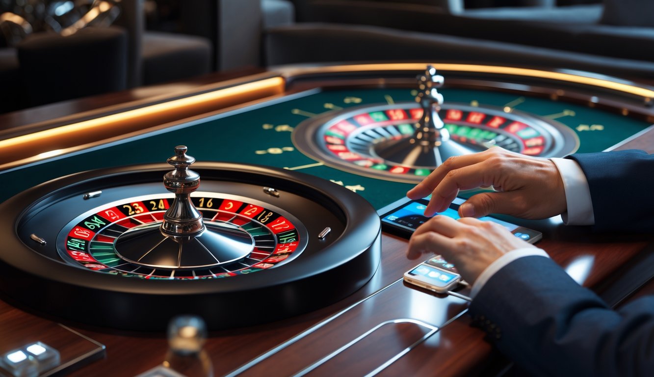 Seseorang menggunakan perangkat digital untuk bermain roulette Amerika secara online di lingkungan kasino yang modern dan terang.