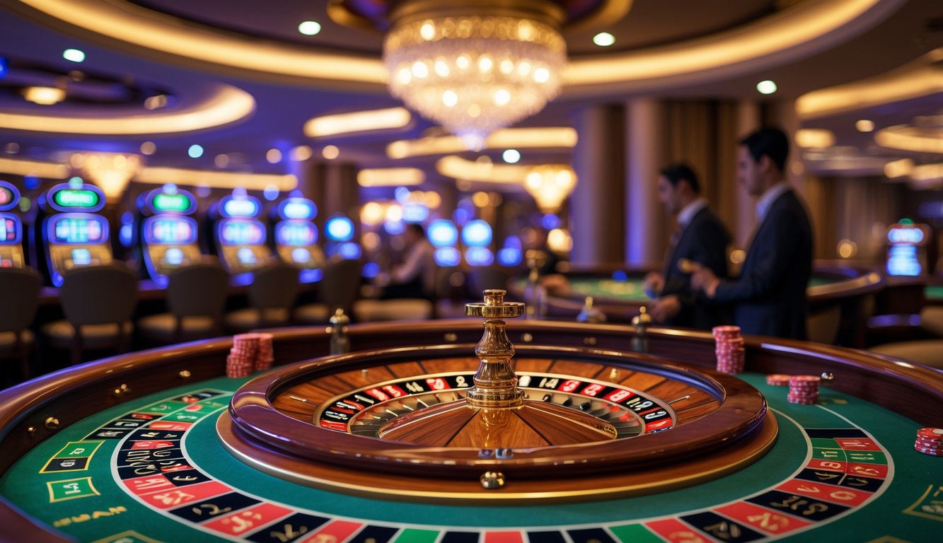 Meja roulette Amerika dengan roda berwarna merah, hitam, dan hijau di kasino mewah dengan suasana elegan dan pencahayaan lembut.