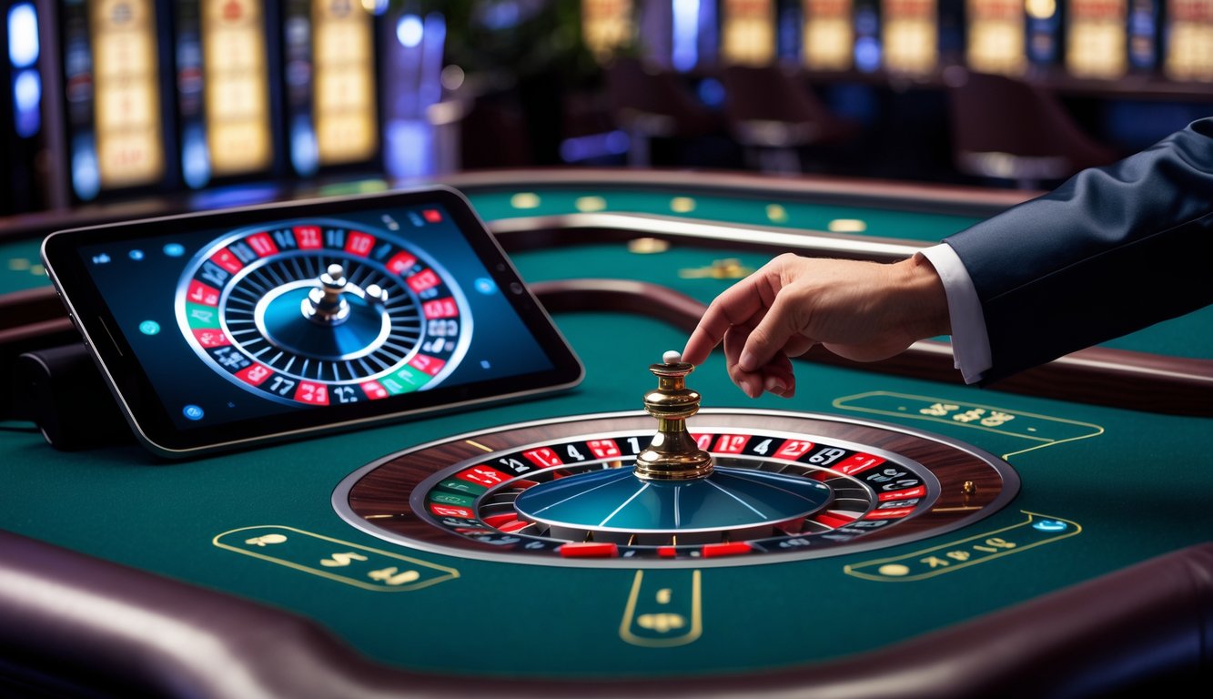 Seseorang sedang menggunakan perangkat layar sentuh untuk bermain roulette Amerika secara online dengan latar belakang meja roulette dan suasana kasino yang elegan.