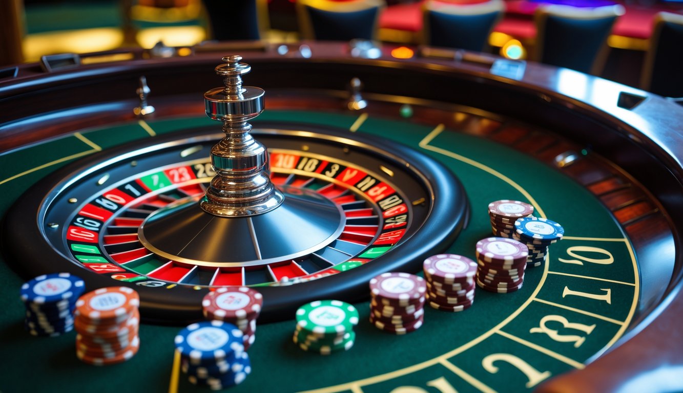 Meja roulette Amerika dengan roda roulette berputar dan chip taruhan di kasino.