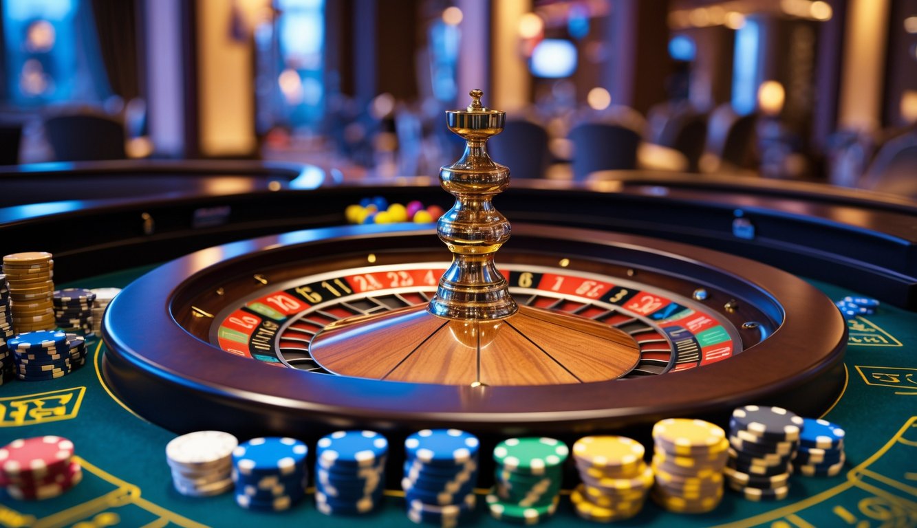 Meja roulette Amerika dengan roda roulette yang sedang berputar dan chip taruhan di sekitarnya di dalam kasino.