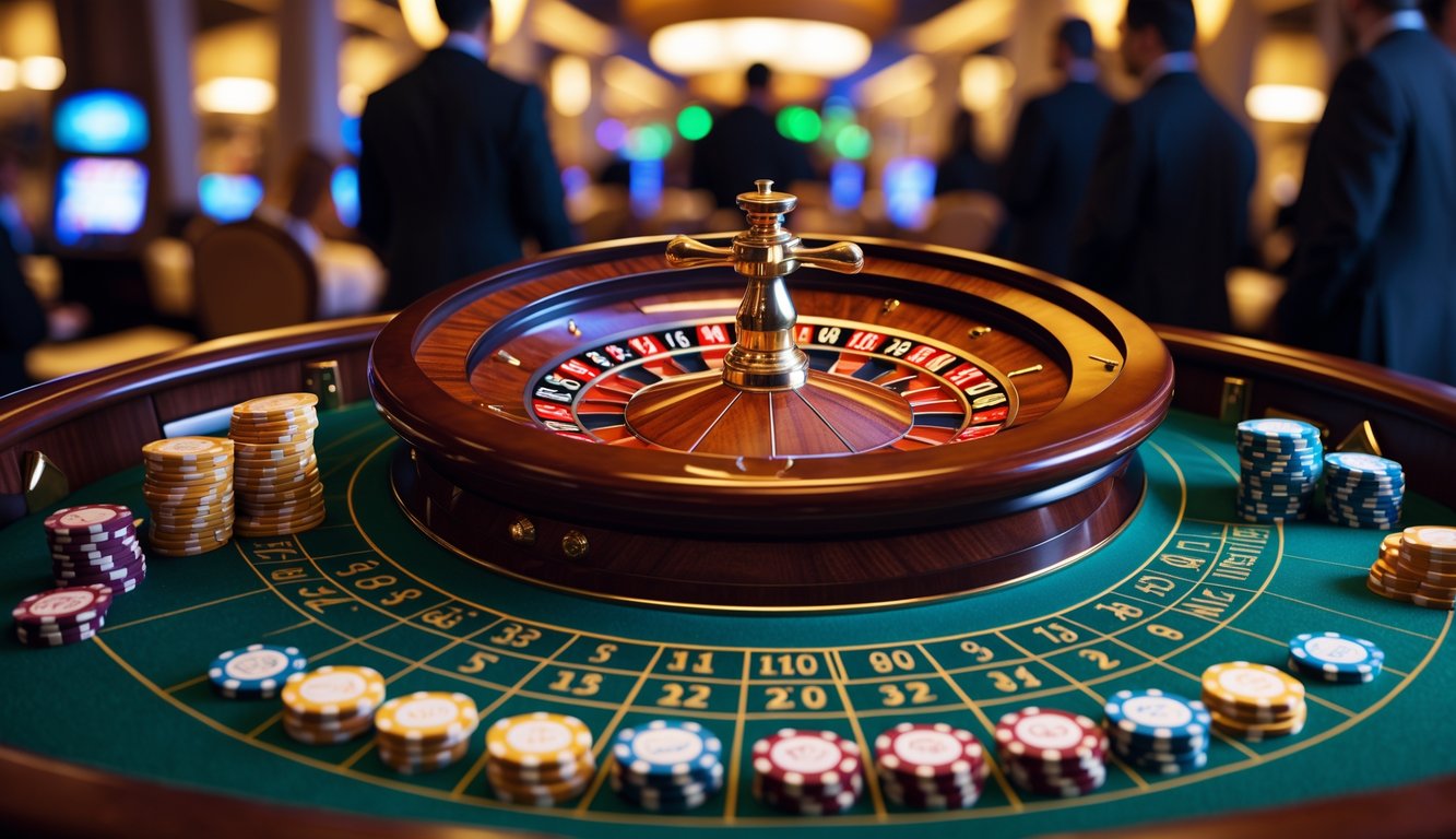 Meja roulette Amerika dengan roda berputar dan chip taruhan di kasino yang mewah.