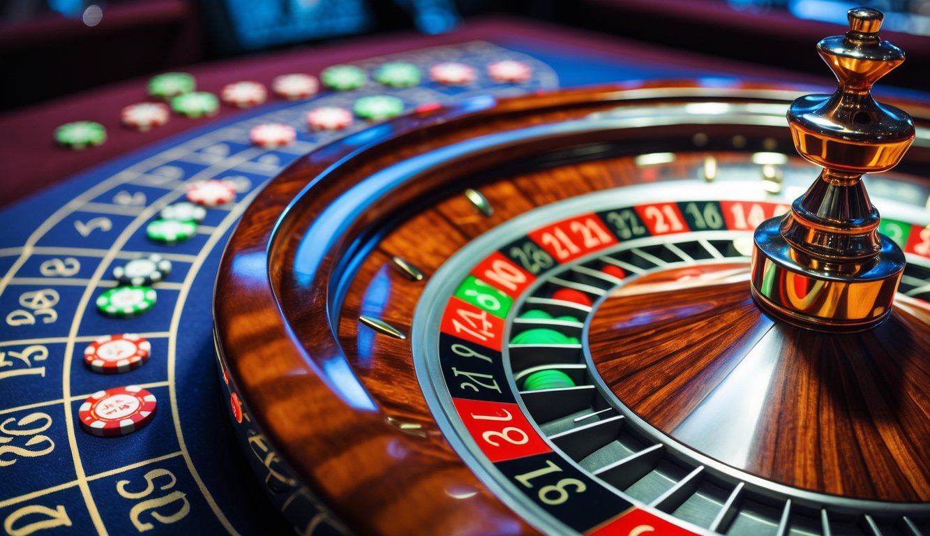 Meja roulette Amerika dengan roda dan chip taruhan pada angka taruhan rendah.