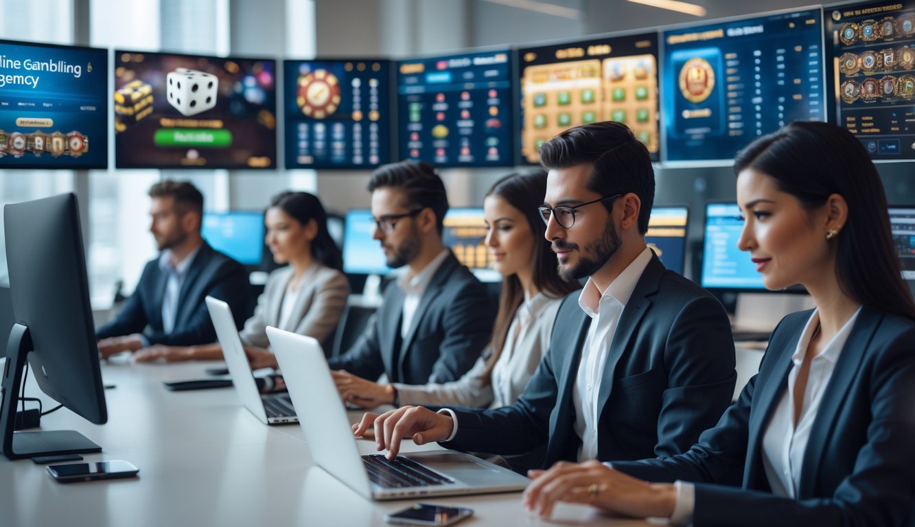 Orang-orang bekerja di kantor modern dengan layar komputer menampilkan permainan kasino dan taruhan online.