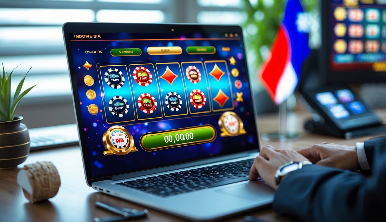Seseorang menggunakan komputer dengan tampilan permainan judi online yang berwarna-warni di meja kerja yang rapi dengan bendera kecil Indonesia di dekatnya.