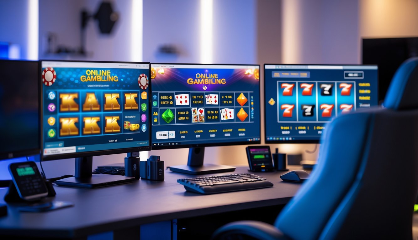 Suasana ruang kerja agen judi online dengan beberapa monitor menampilkan permainan kasino digital.