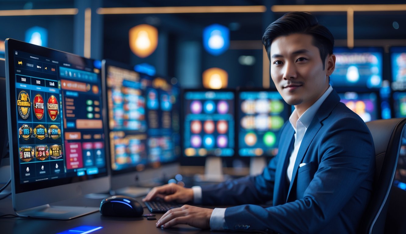 Seorang pria Asia duduk di depan komputer dengan layar menampilkan permainan kasino online dalam ruangan kantor yang modern dan aman.