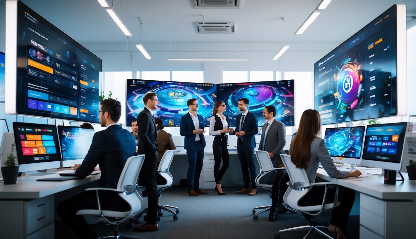 Sekelompok profesional muda bekerja di kantor modern dengan layar komputer yang menampilkan antarmuka permainan daring.