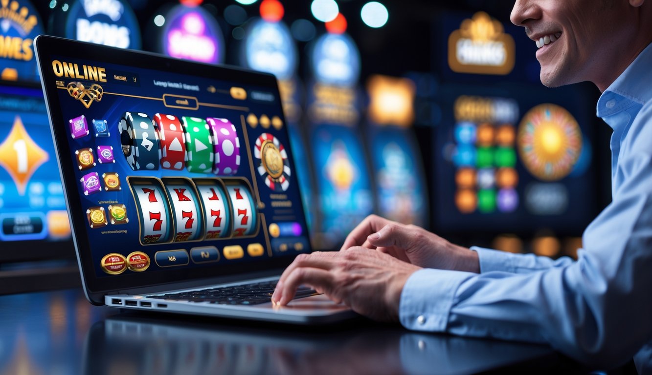 Seseorang menggunakan laptop dengan tampilan permainan judi online yang penuh warna dan suasana yang ceria.