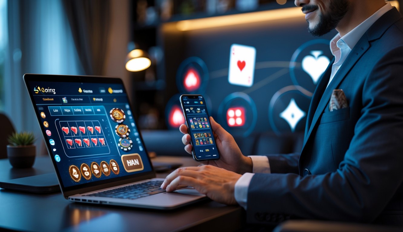 Seseorang menggunakan laptop dan ponsel di ruang kerja modern yang nyaman dengan ikon permainan judi digital di latar belakang.