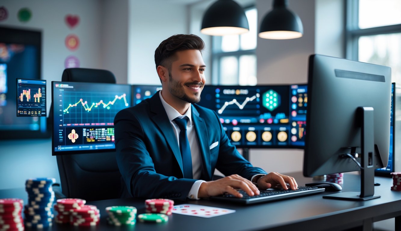 Seorang agen judi online yang percaya diri sedang bekerja di kantor modern dengan beberapa monitor komputer dan perlengkapan judi di sekitarnya.