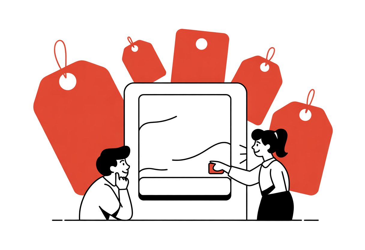 Two people in a mattress store looking at a mattress with red discount tags around it.