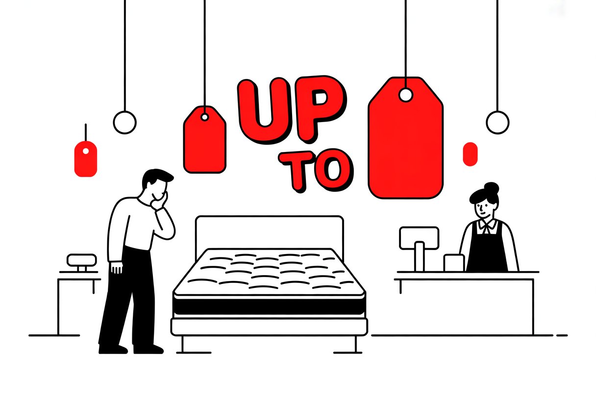 A comic panel showing a person looking at a mattress in a store with price tags and discount signs nearby.