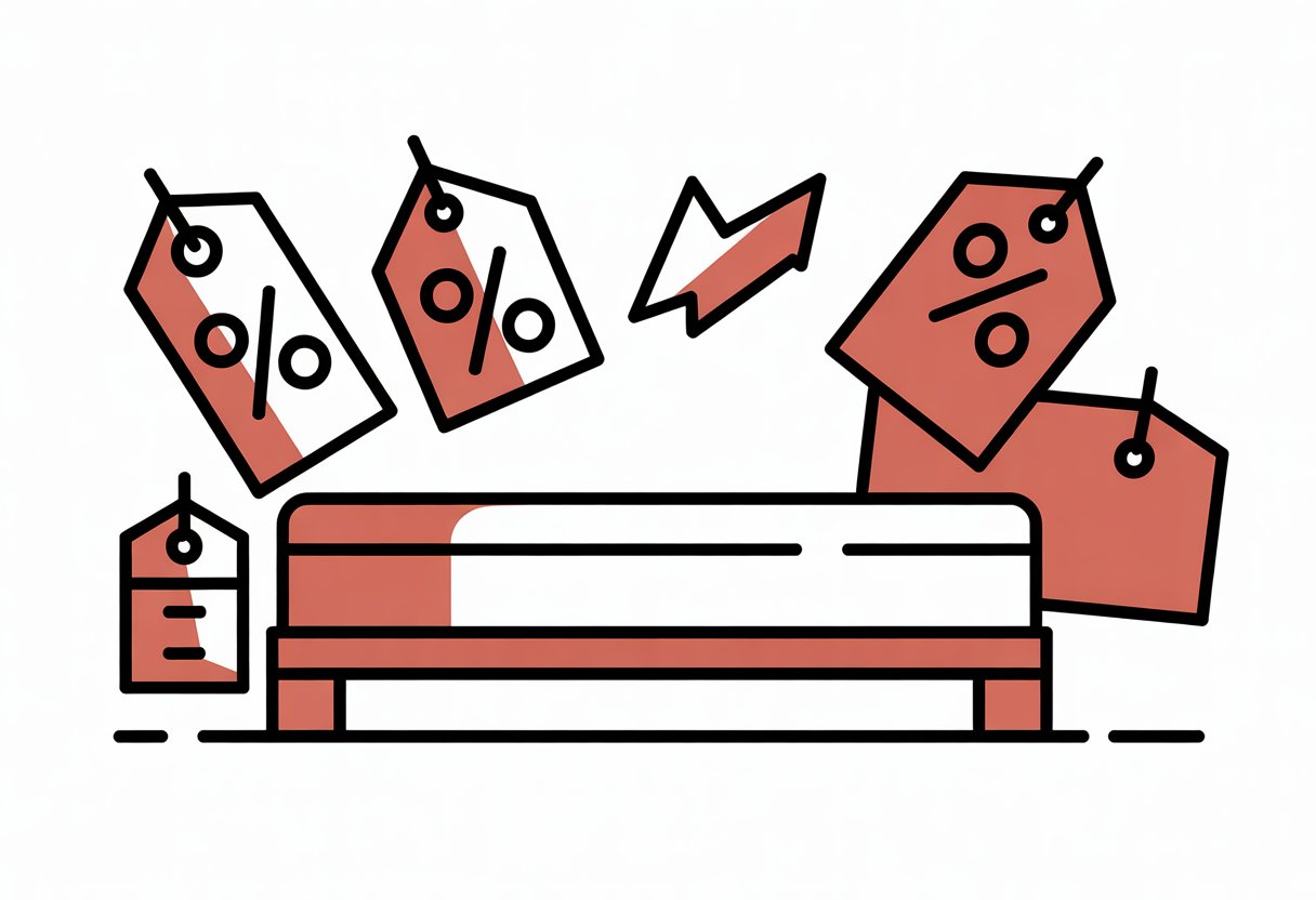 A simple illustration of a mattress surrounded by abstract shapes representing price tags and discounts.