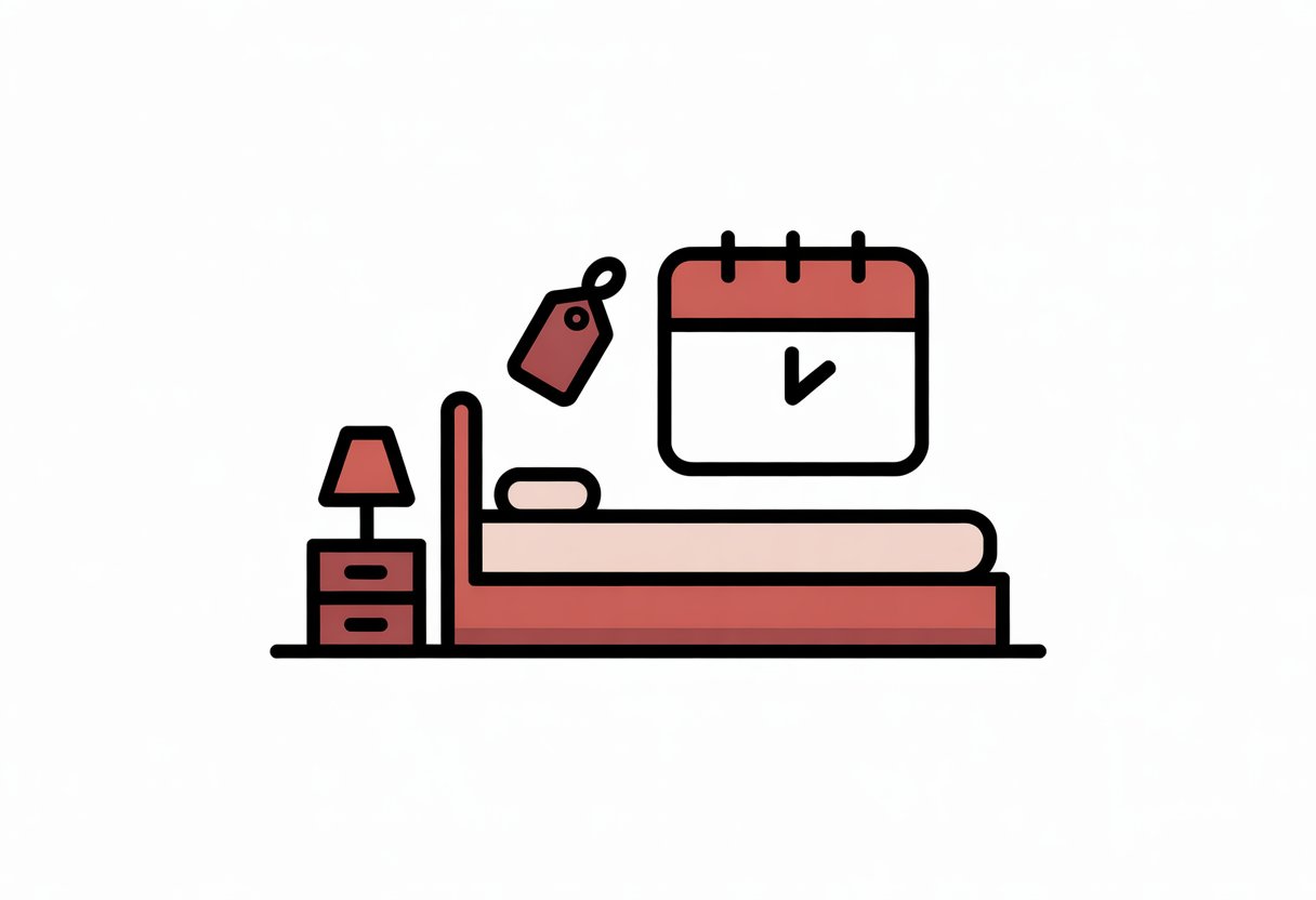 A bedroom scene showing a mattress on a bed with a price tag symbol and a calendar icon in the background.