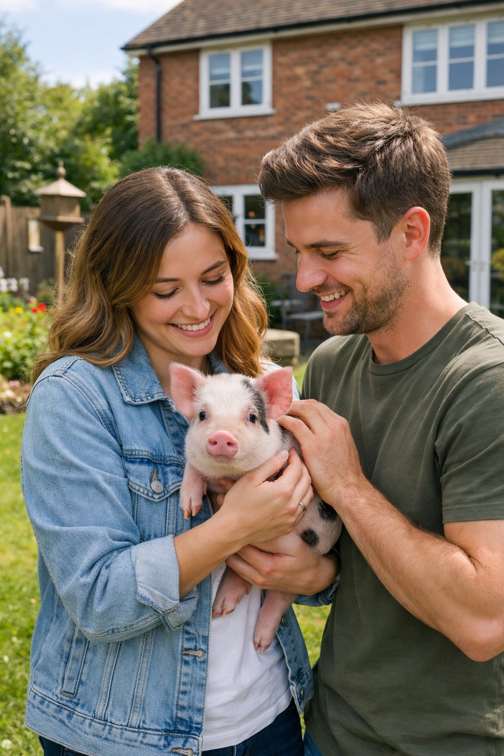 A young couple in a garden holding and smiling at a small pet piglet outside a British suburban house.