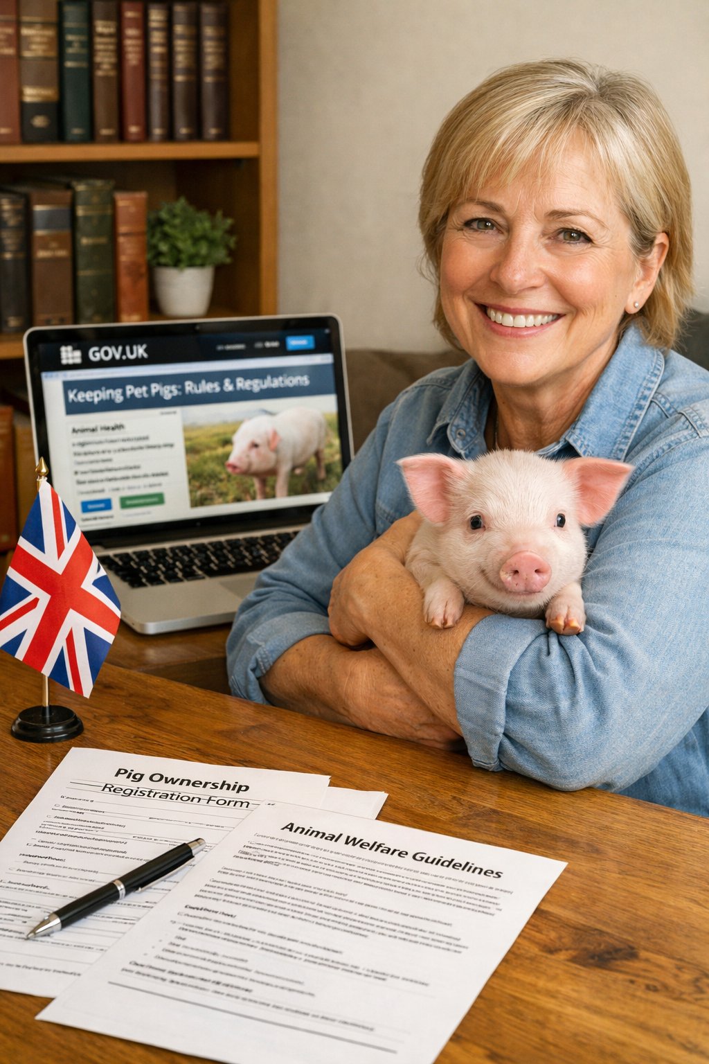 A person holding a small piglet indoors with documents and a laptop on a table nearby.