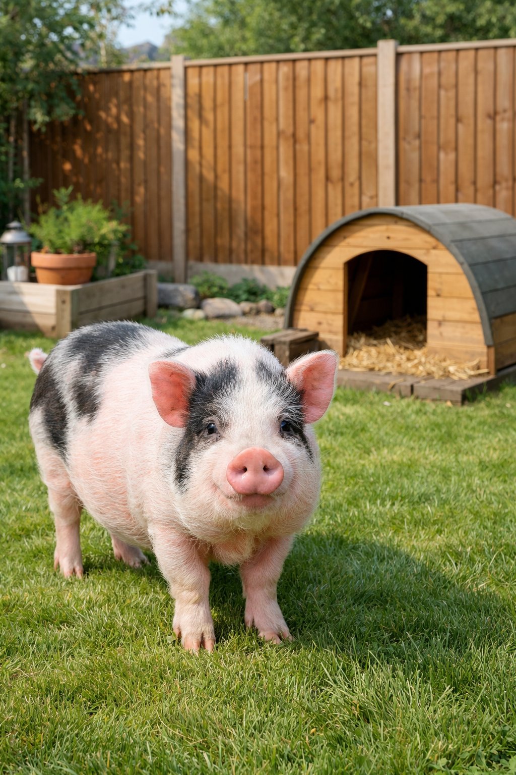 A pet pig standing on green grass in a suburban garden with a wooden fence and a small shelter in the background.