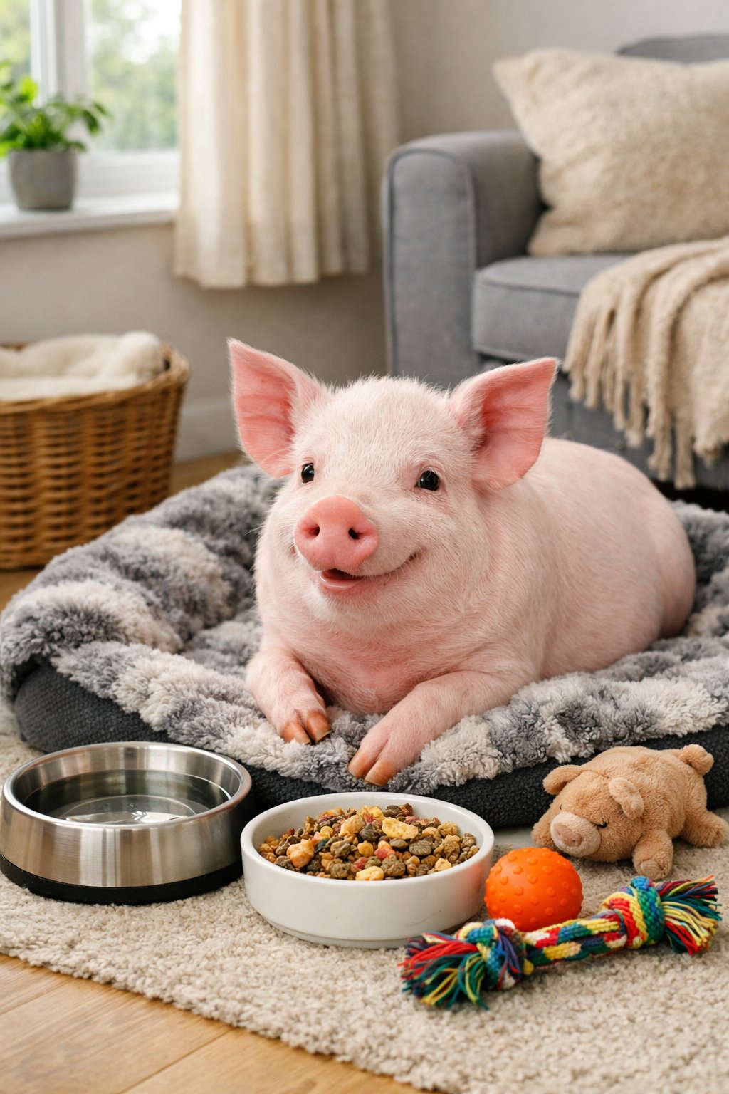A pet pig resting comfortably on a soft bed inside a bright and tidy living room with pet care items nearby.
