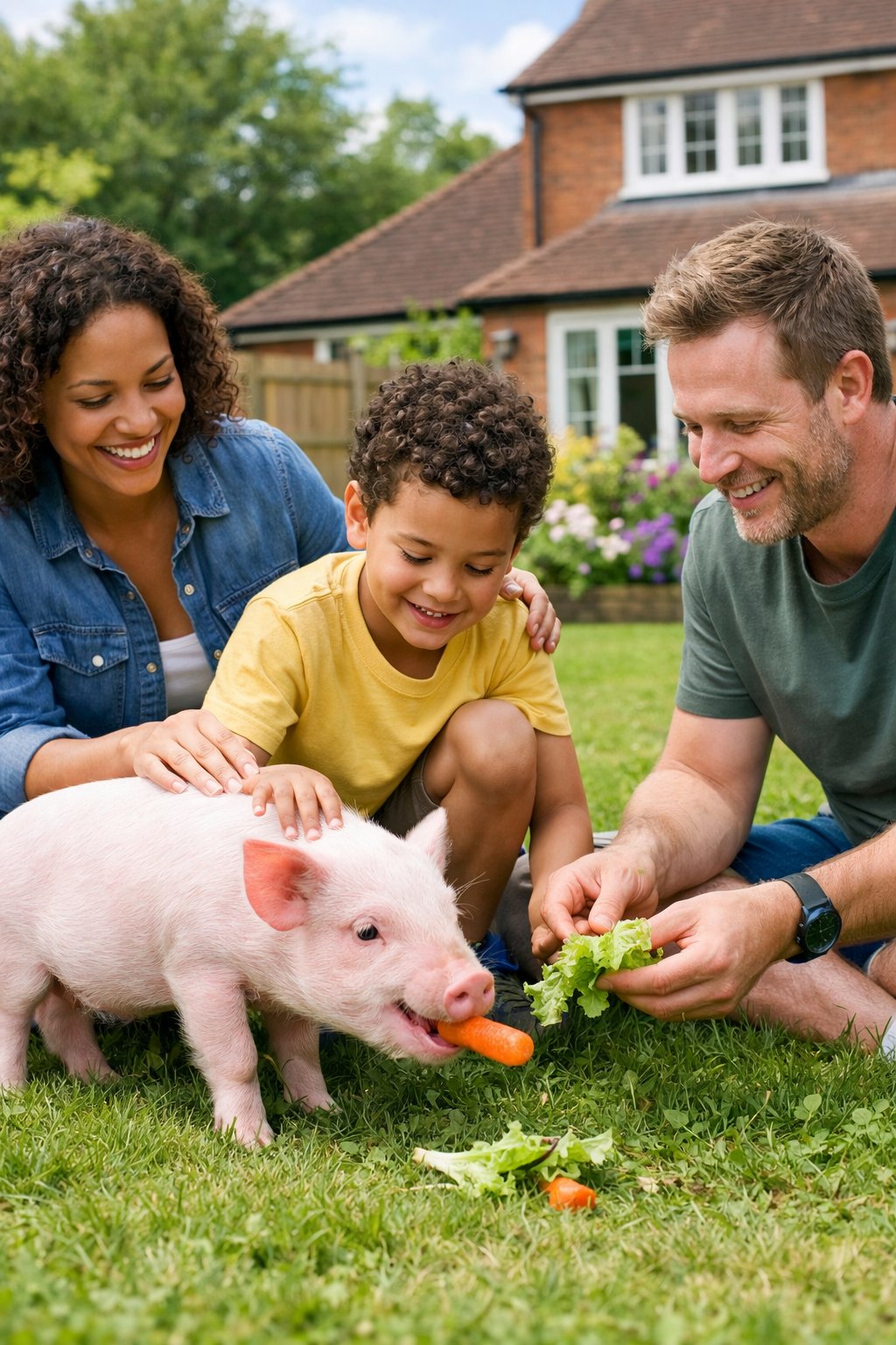 A family in a garden gently petting and feeding a small pet pig near a suburban house.