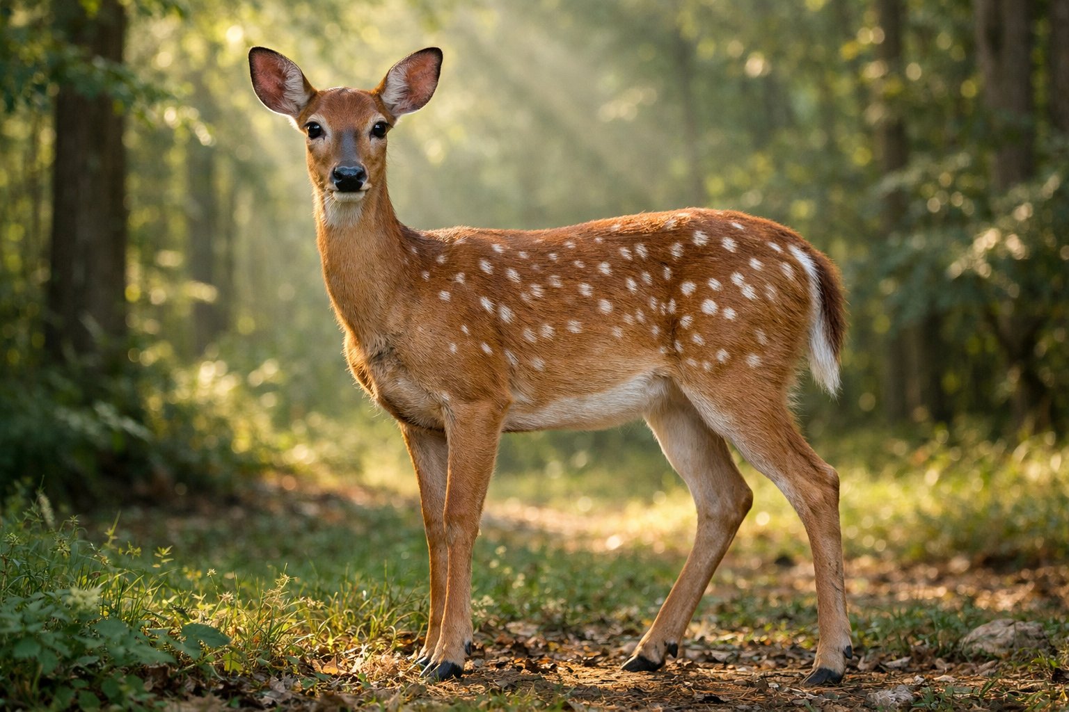A female deer standing in a sunlit forest clearing surrounded by green foliage.