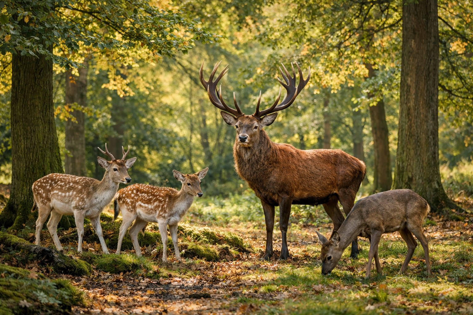 A group of red deer, fallow deer, and roe deer in a sunlit UK woodland during early autumn.