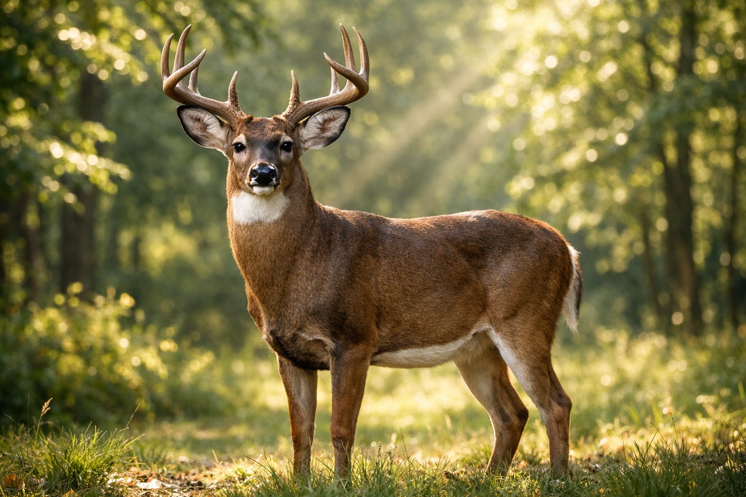 A deer standing calmly in a sunlit forest clearing surrounded by green trees.