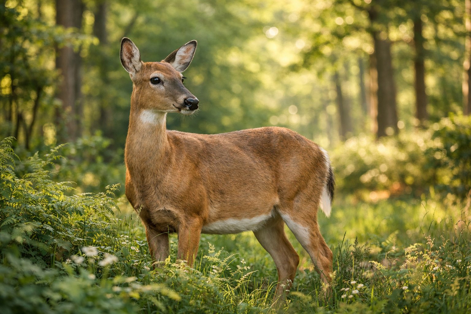 A female deer standing calmly in a sunlit forest surrounded by green trees and plants.