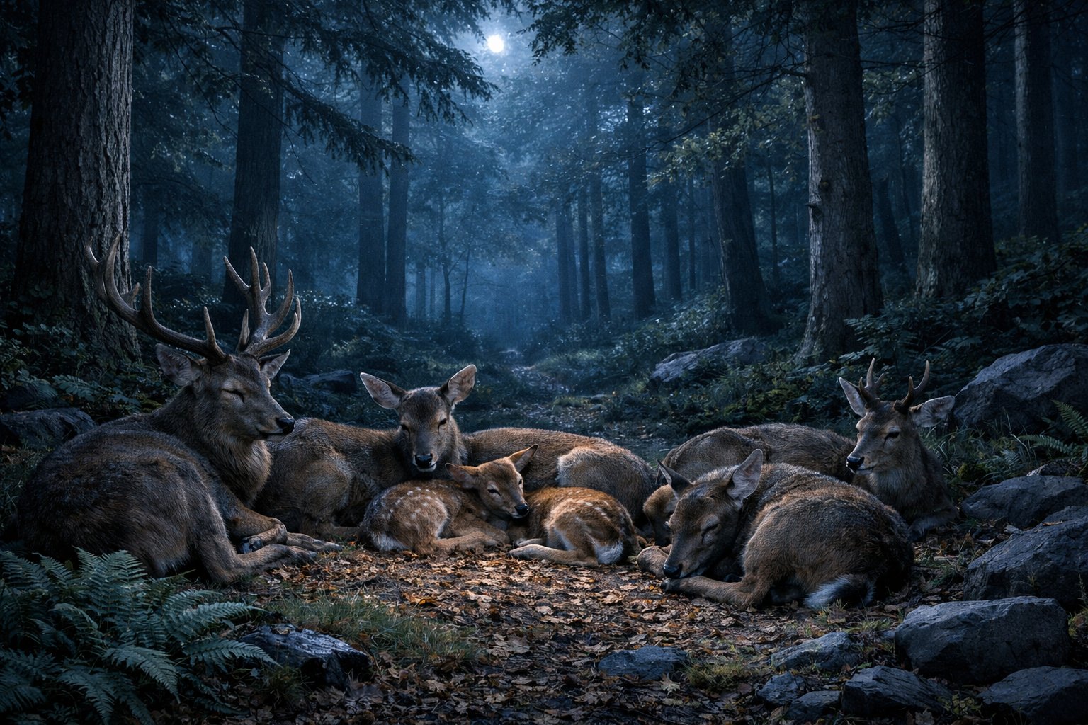 A group of deer resting on the forest floor at night under moonlight in a quiet woodland clearing.