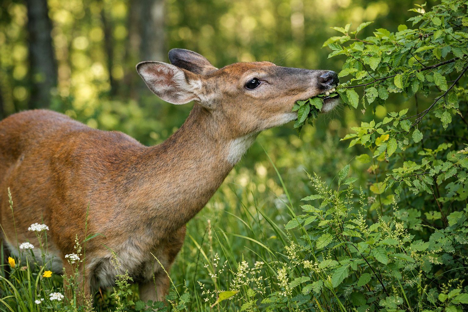 A deer grazing on green leaves and plants in a forest during daytime.