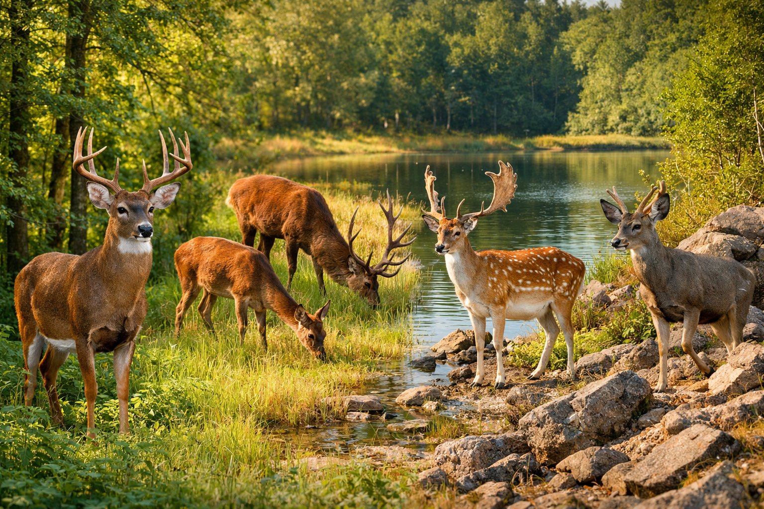A group of different deer species in various natural settings including forest, meadow, and lake.