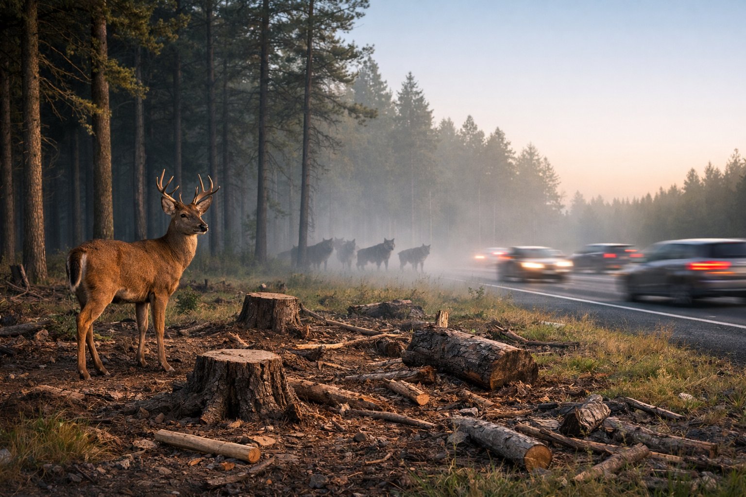 A deer standing alert at the edge of a forest with wolves in the misty background and a busy highway nearby, showing natural predators and human threats.