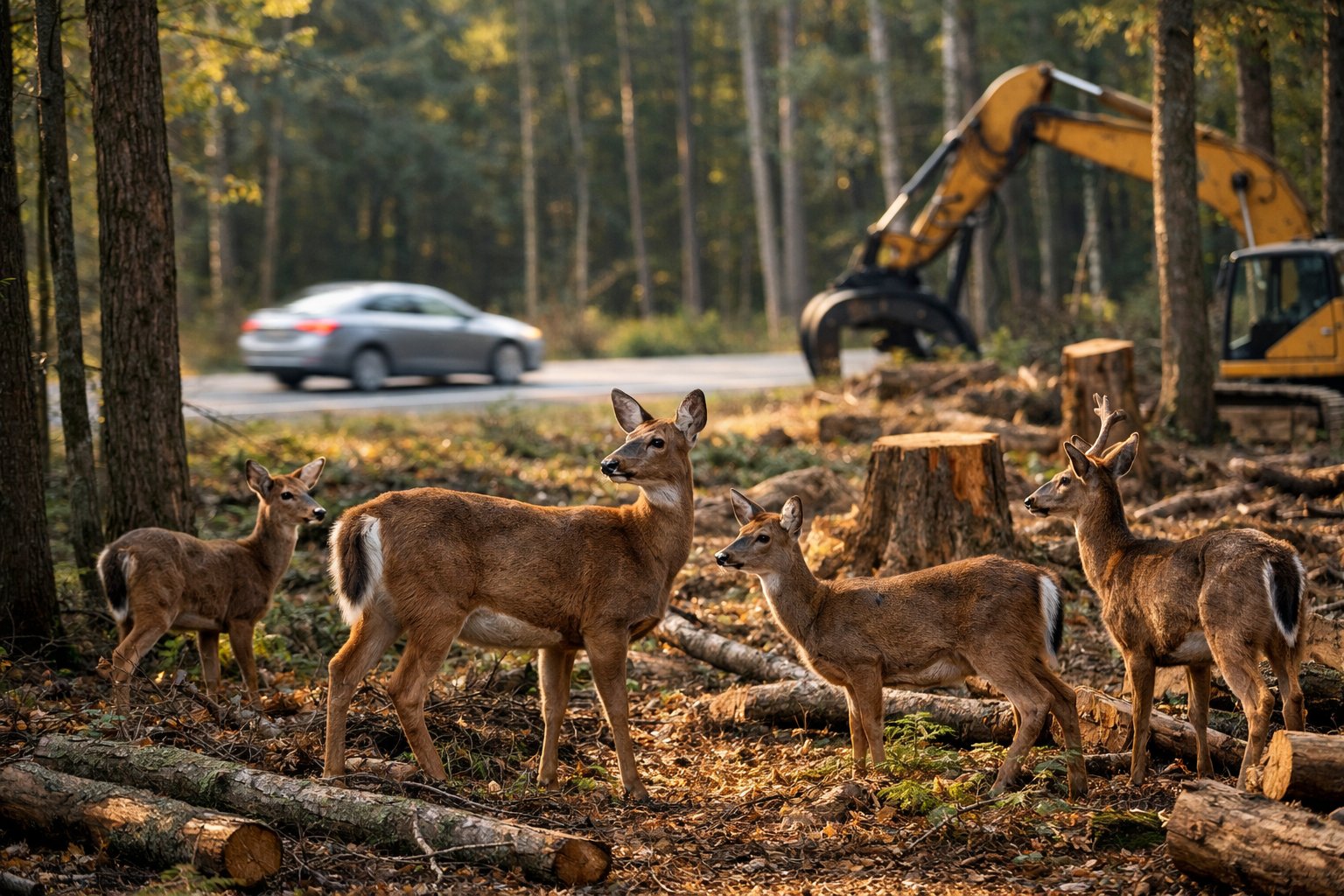 A group of deer in a forest near a road with a passing car and visible tree stumps, showing the impact of human activity on their habitat.