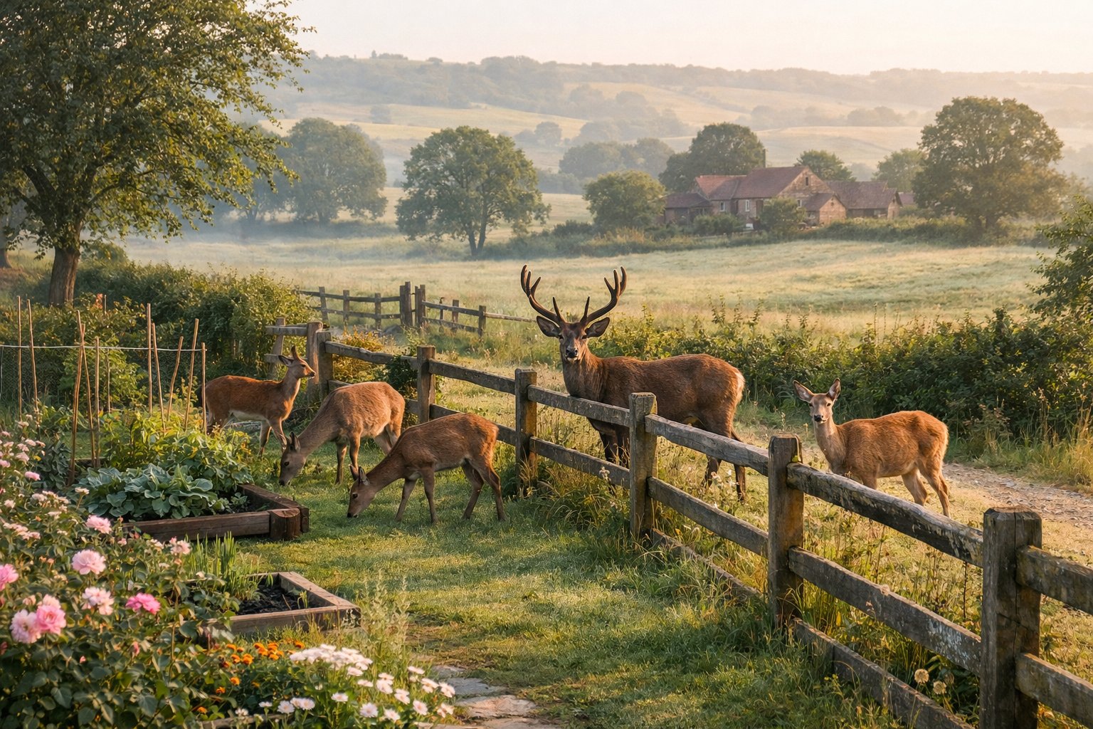 Wild deer grazing near a wooden fence in a green rural countryside with hills and a farmhouse in the background.