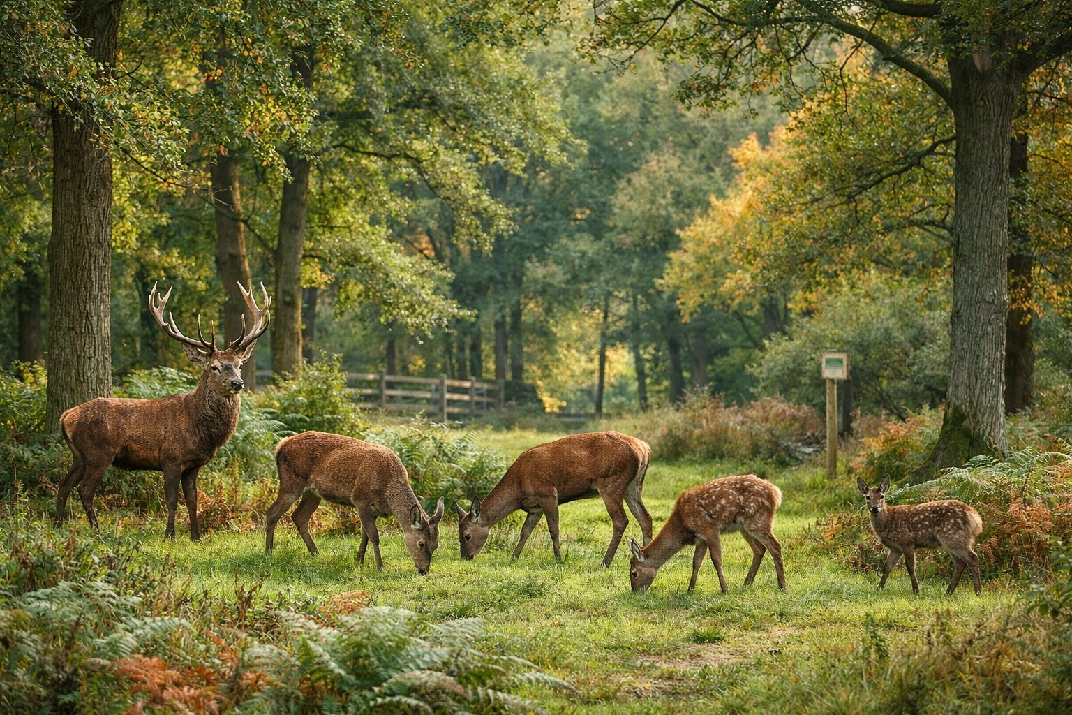 A group of wild deer grazing peacefully in a wooded area with trees and plants, with a wooden fence visible in the background.