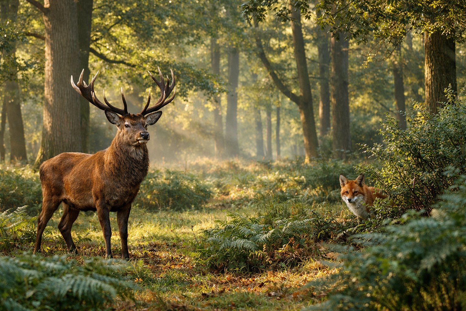 A red deer stag standing alert in a British woodland with a fox watching from behind bushes nearby.
