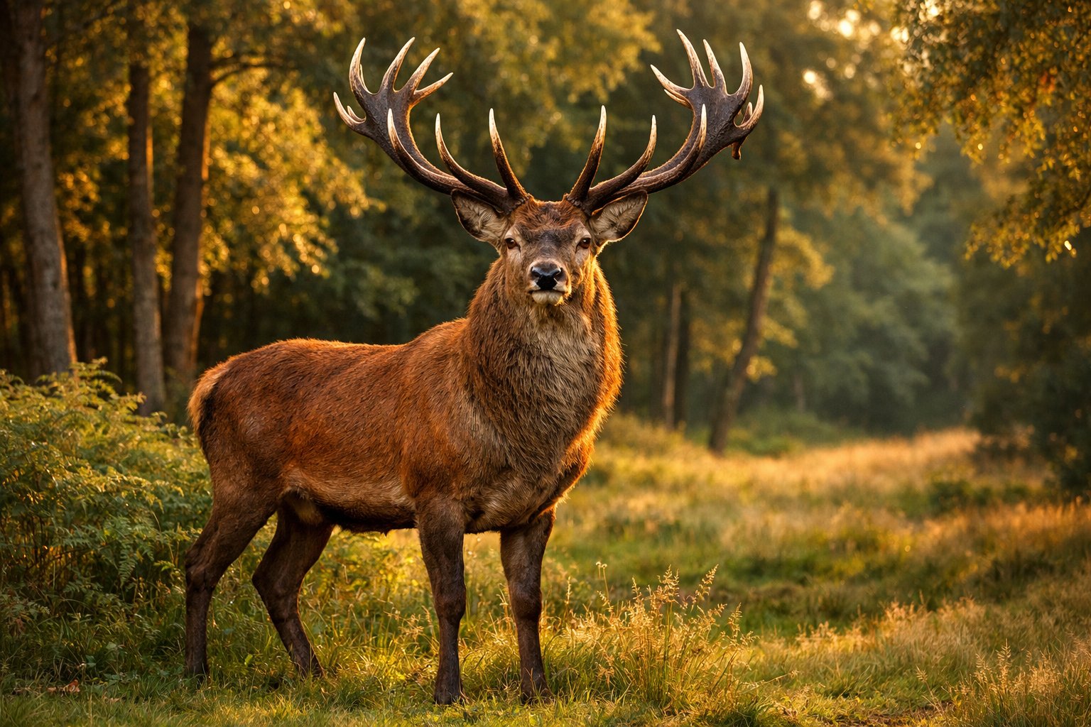 A large red deer stag with impressive antlers standing in a sunlit forest clearing.