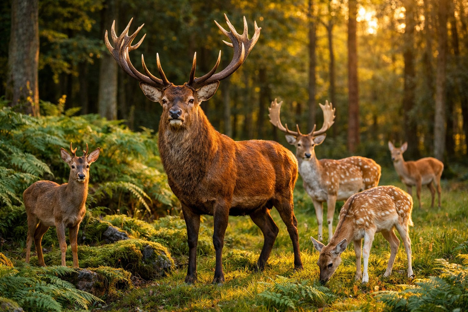 A red deer stag with large antlers stands in a forest clearing surrounded by smaller deer species among trees and greenery.