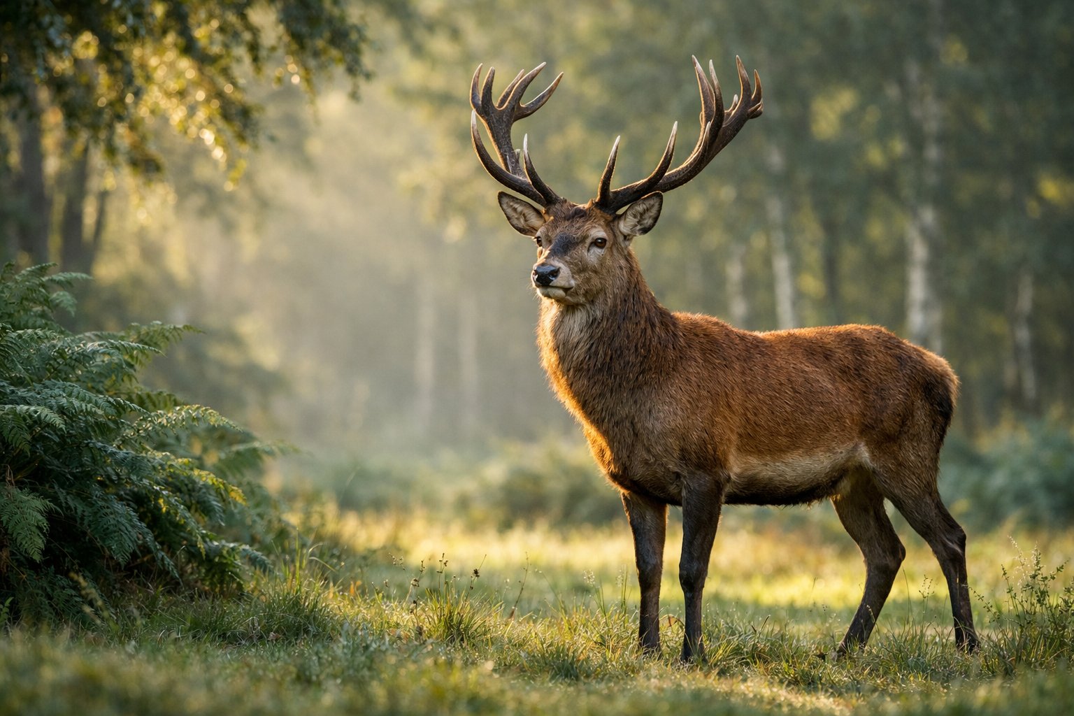 A rare deer standing calmly in a green forest clearing with sunlight filtering through the trees.