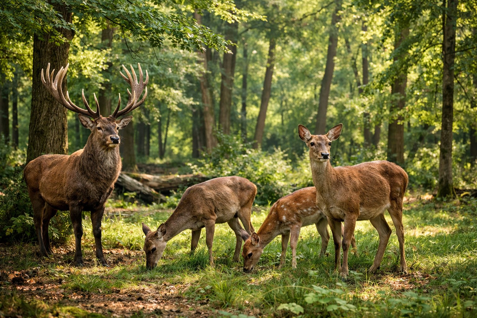 A group of deer grazing peacefully in a green forest with sunlight filtering through the trees.
