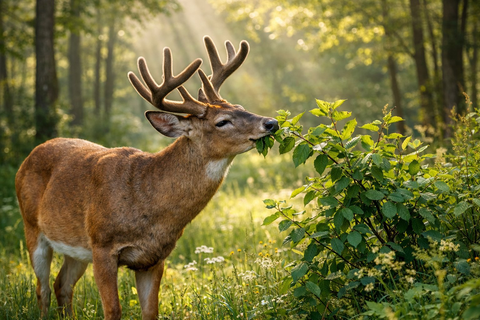 A deer eating green leaves in a sunlit forest clearing surrounded by trees and plants.