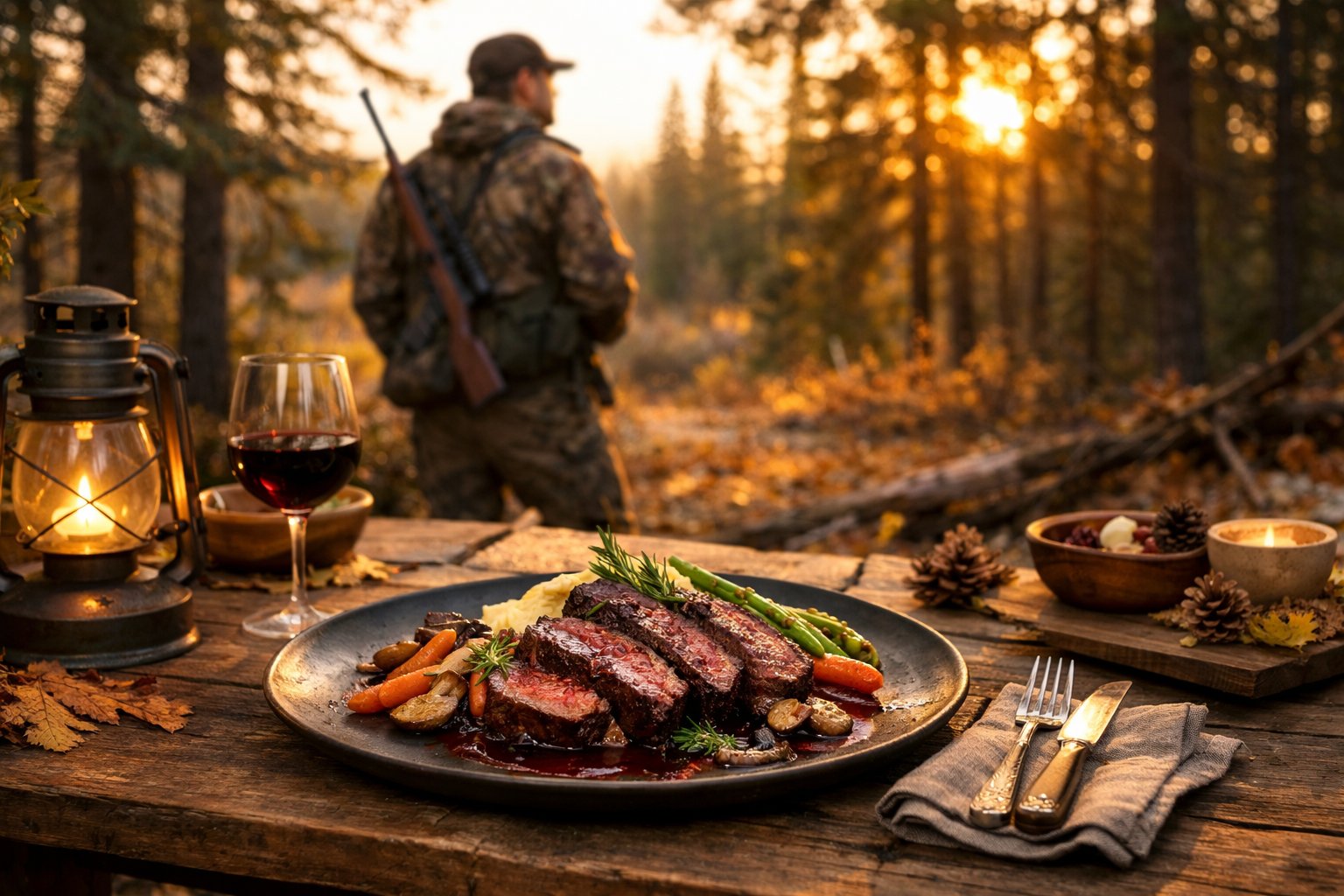 A rustic outdoor dining table in a forest with a plated venison meal and a hunter in the background.