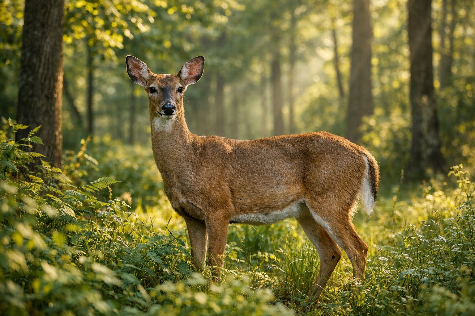 A healthy adult deer standing in a sunlit forest surrounded by green trees and plants.