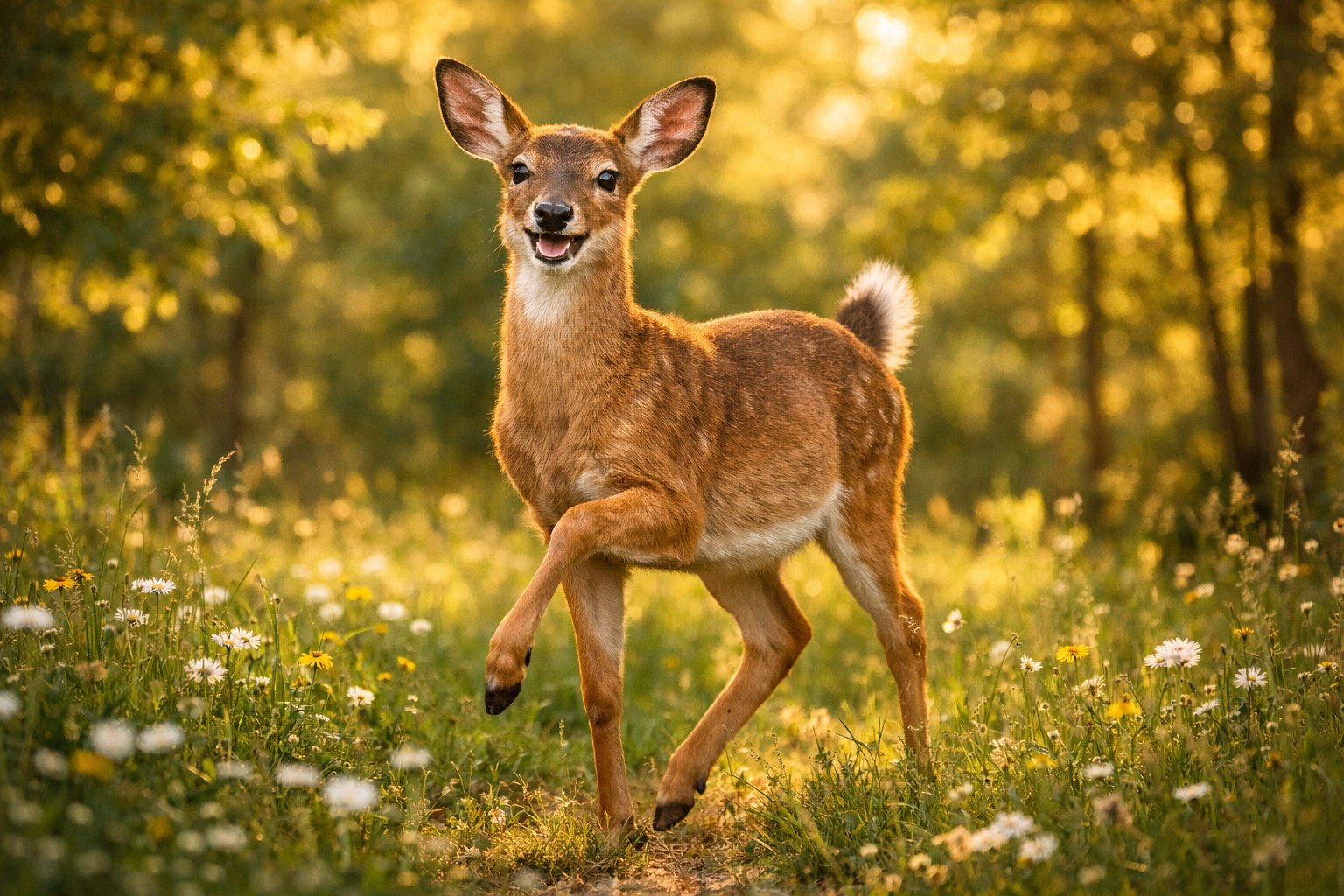 A deer standing and playfully prancing in a sunlit forest clearing surrounded by green trees and wildflowers.