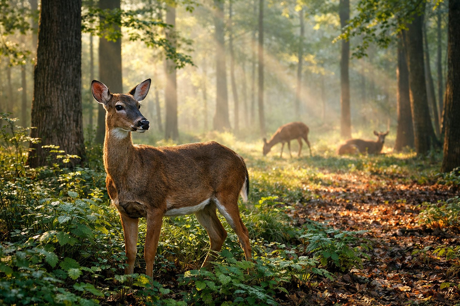An adult deer standing in a sunlit forest with other deer visible in the background.