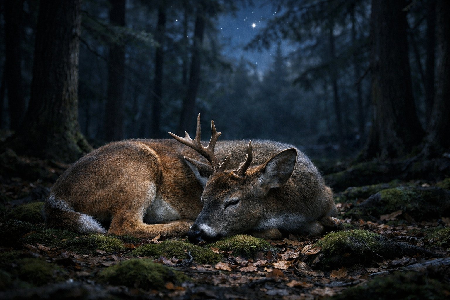 A deer resting quietly on the forest floor at night under moonlight among tall trees.