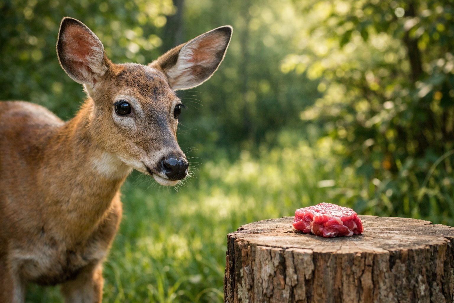 A deer in a forest clearing looking at a small piece of raw meat on a wooden surface.